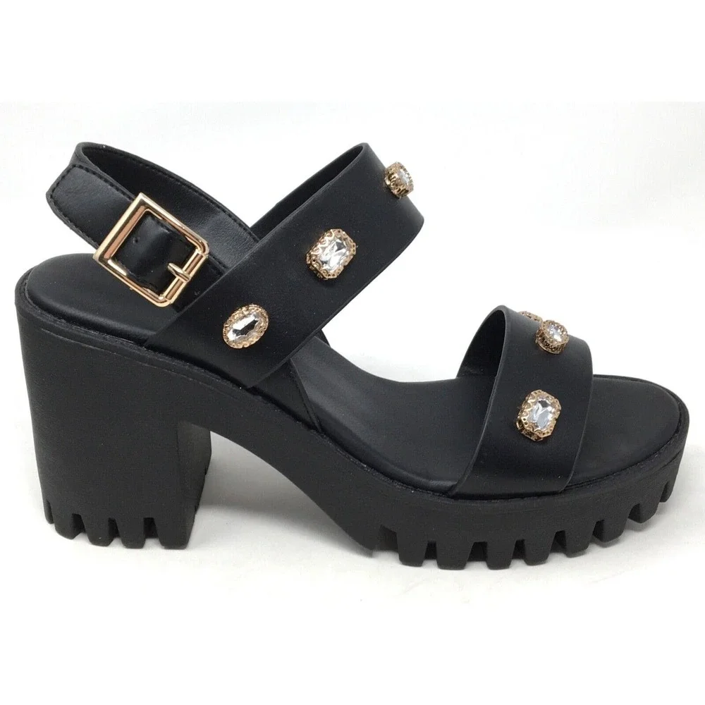 Madden Girl Storrm Women's Size 8.5 Black Jewel Lug Block Heel Platform Sandals - Picture 5 of 7
